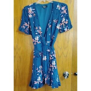 Lulus Bloom Into You Dress MEDIUM Short Flutter Sleeve Wrap Turquoise Floral